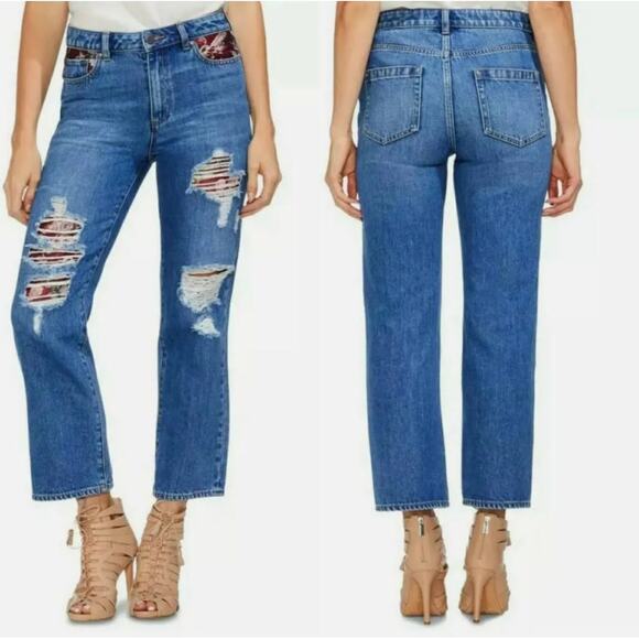 Vince Camuto Distressed Tapestry High Rise Straight Leg Crop Jeans Size 31 - Picture 12 of 12